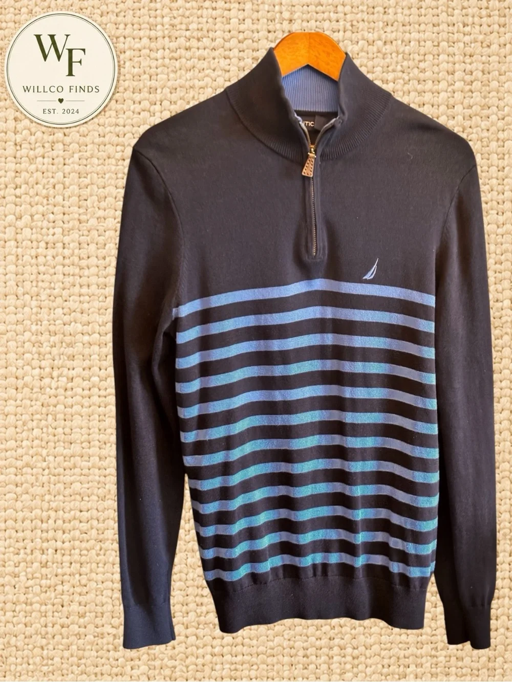 Nautica Men’s Black Half-Zip Sweater with Blue Stripes